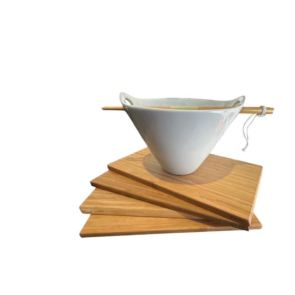Crate & Barrel Kai Noodle Bowl White Porcelain IKEA Bamboo Boards Chopsticks Set - Picture 2 of 5